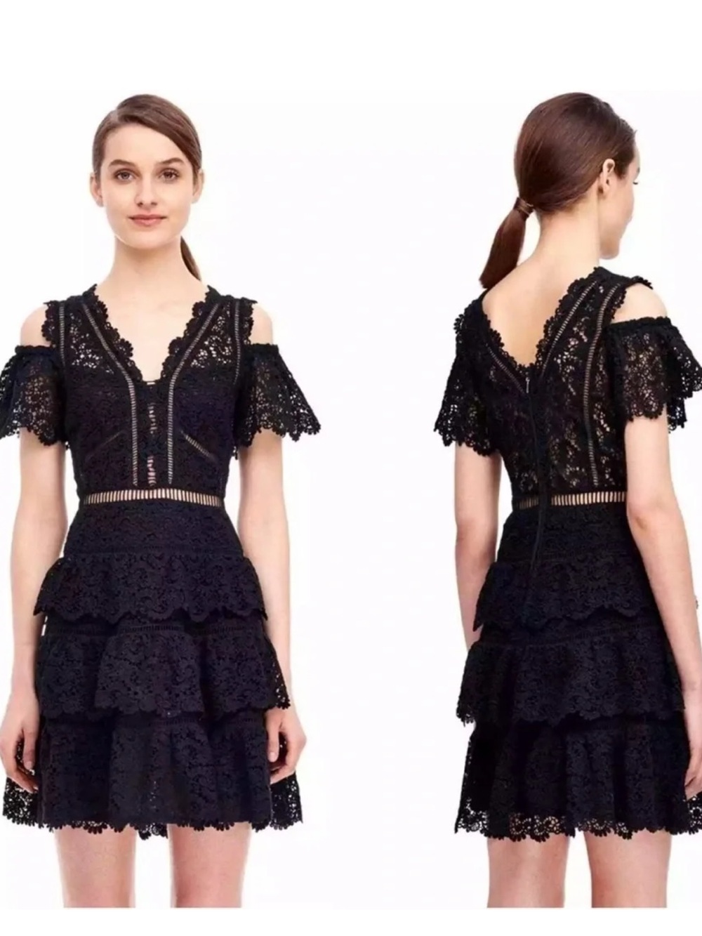 Rebecca Taylor Black Lace Eliza Cold-Shoulder Tiered Mini Dress